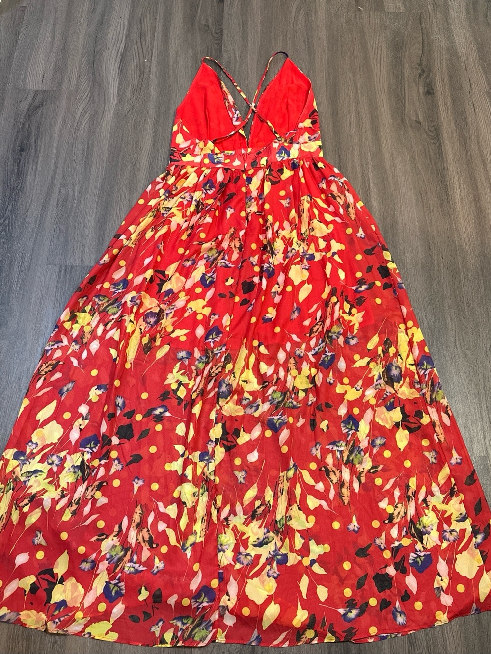 Red Floral Maxi Dress Open Back Crisscross Strappy Boho Cottagecore Medium - Picture 7 of 9